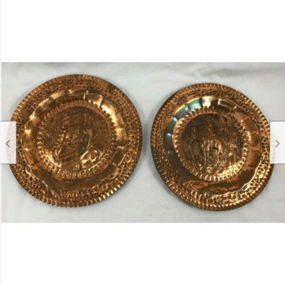 Copper Repousse Decorative Plate Camel Desert Scene Moulded Etch Design Set of 2 - Picture 1 of 3